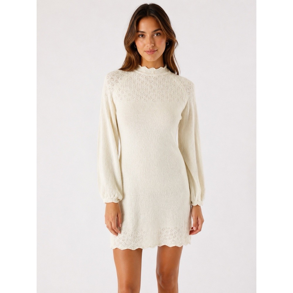 Rumored Ivory Knit Long Sleeve Dress Medium Cottagecore Romantic Pullover Mini